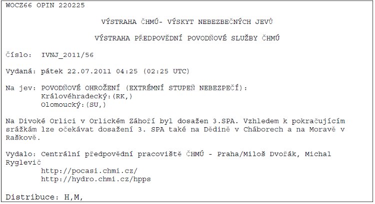 Obrázek – Příklad výstrahy ČHMÚ na výskyt nebezpečných jevů&nbsp;