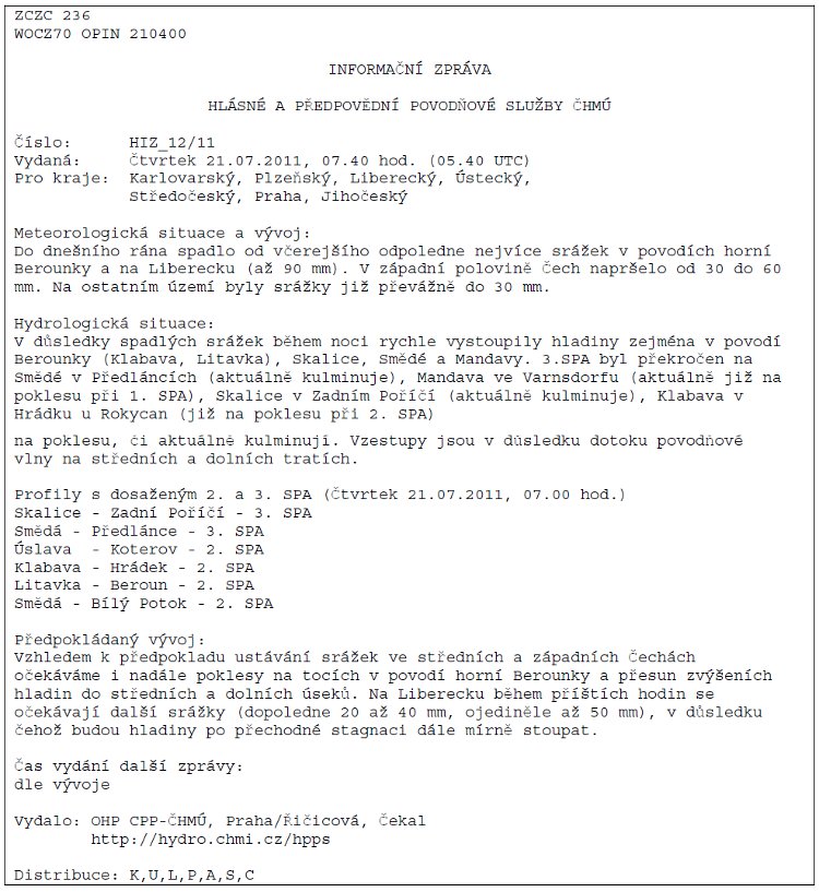 Obrázek – Příklad hydrologické informační zprávy ČHMÚ&nbsp;