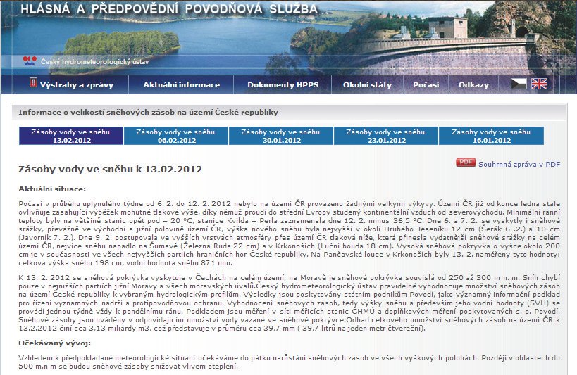 Obrázek – Ukázka situační zprávy o&nbsp;množství a&nbsp;rozložení sněhové pokrývky v&nbsp;rámci území České republiky s&nbsp;očekávaným vývojem do následujícího termínu měření SVH&nbsp;