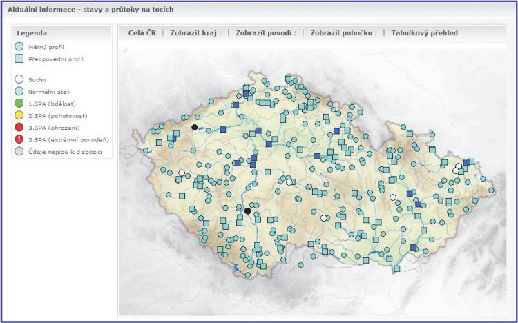 Obrázek - Mapa profilů hlásné a&nbsp;předpovědní služby ČHMÚ, čtverečkem jsou označeny profily, pro které je počítána modelová hydrologická předpověď, tmavě modrou a&nbsp;černou barvou jsou označeny profily, pro které je počítána i&nbsp;manuální hydrologická předpověď.&nbsp;