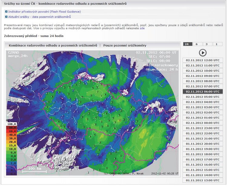 Obrázek - sdružená srážková informace, mapa v&nbsp;gridu 1x1 km obsahující srážkové úhrny za zvolený interval. Lze volit srážkovou mapu odvozenou pouze z&nbsp;pozemních stanic nebo kombinaci pozemních stanic a&nbsp;radarového odhadu. Časový interval je volitelný, zobrazit lze srážky za 1, 3, 6 nebo 24 hodin.&nbsp;
